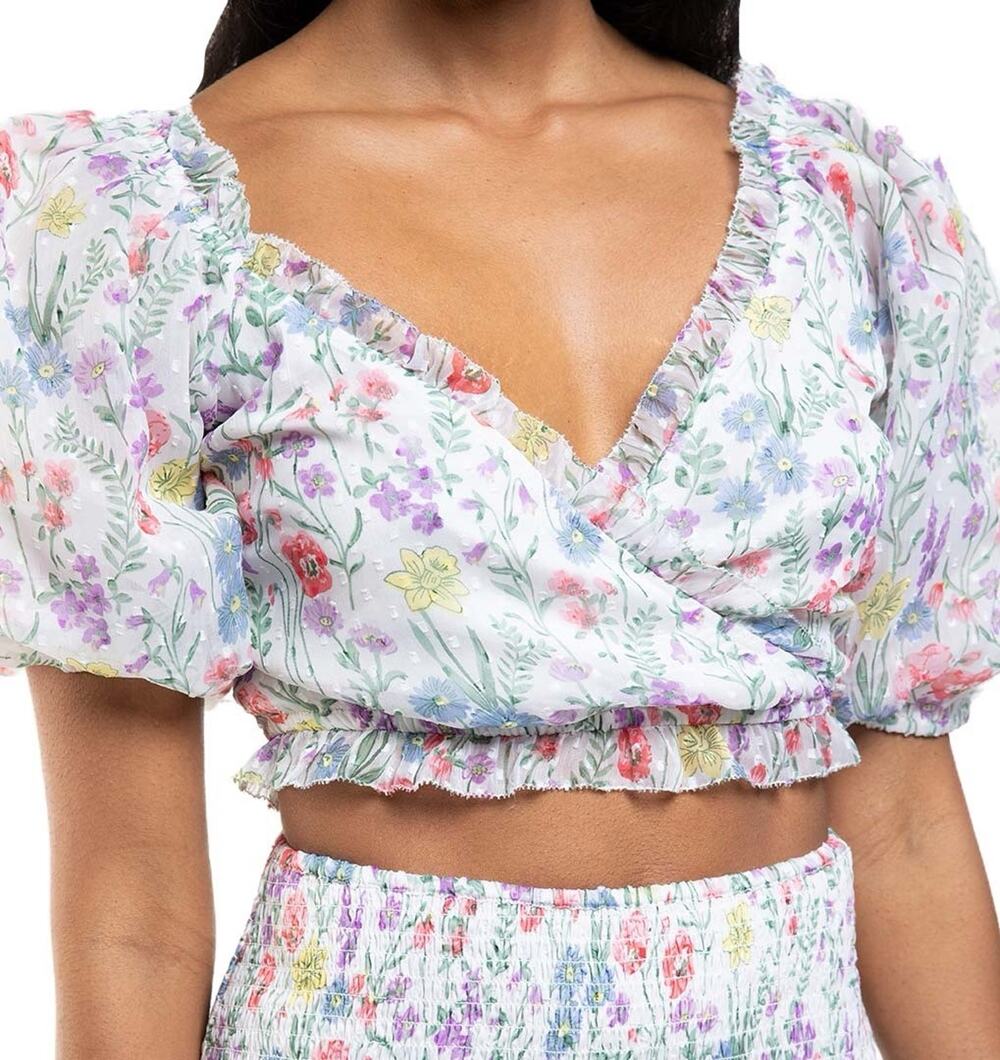 Saylor Floral Teryn Top Womens Size S Blouse Cropped Puff Sleeve Forest Fairy